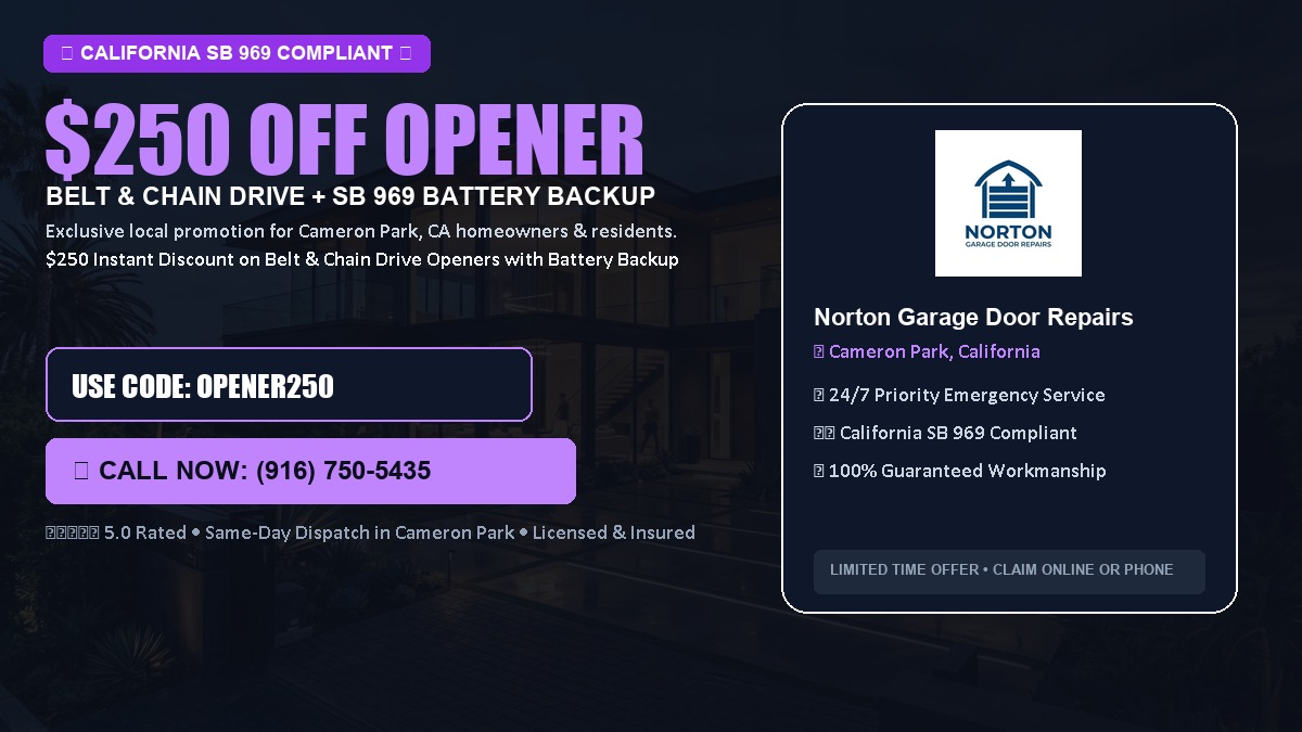 $250 OFF Smart Garage Door Opener Installation (Belt & Chain Drive with California SB 969 Battery Backup) in Cameron Park, CA